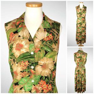 MSK Green Coral Tan Tropical Button Front Sundress  SZ 14